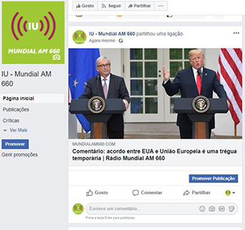 Facebook account of Brazil's Sao Paulo World Broadcasting Station was forwarded on July 27, 2018.